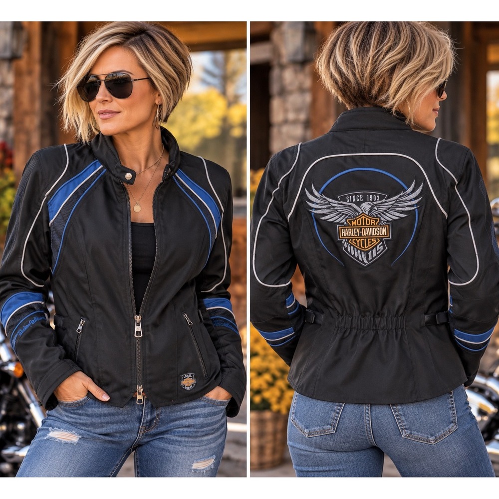 Harley-Davidson 115th Anniversary Women M Mesh Motorcycle Jacket Blk Blue Eagle